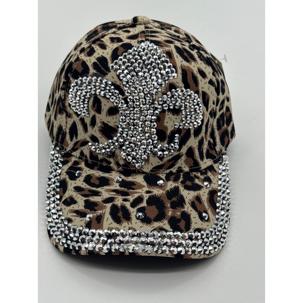 Bijorca Leopard Print Fleur De Lis Rhinestone Studded Adjustable Baseball Cap